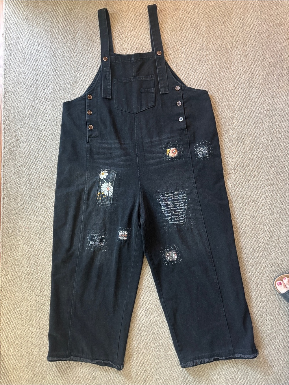 Soft Black Embroidered Patch Denim Overalls